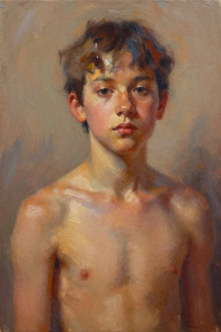 Oil painting of a shirtless young boy with tousled brown hair, facing forward against a beige background.