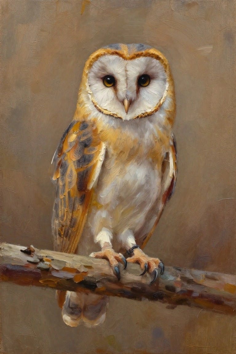 Oil painting of a barn owl perched on a textured branch, with white and orange feathers, yellow eyes, and talons gripping wood against a brown background.