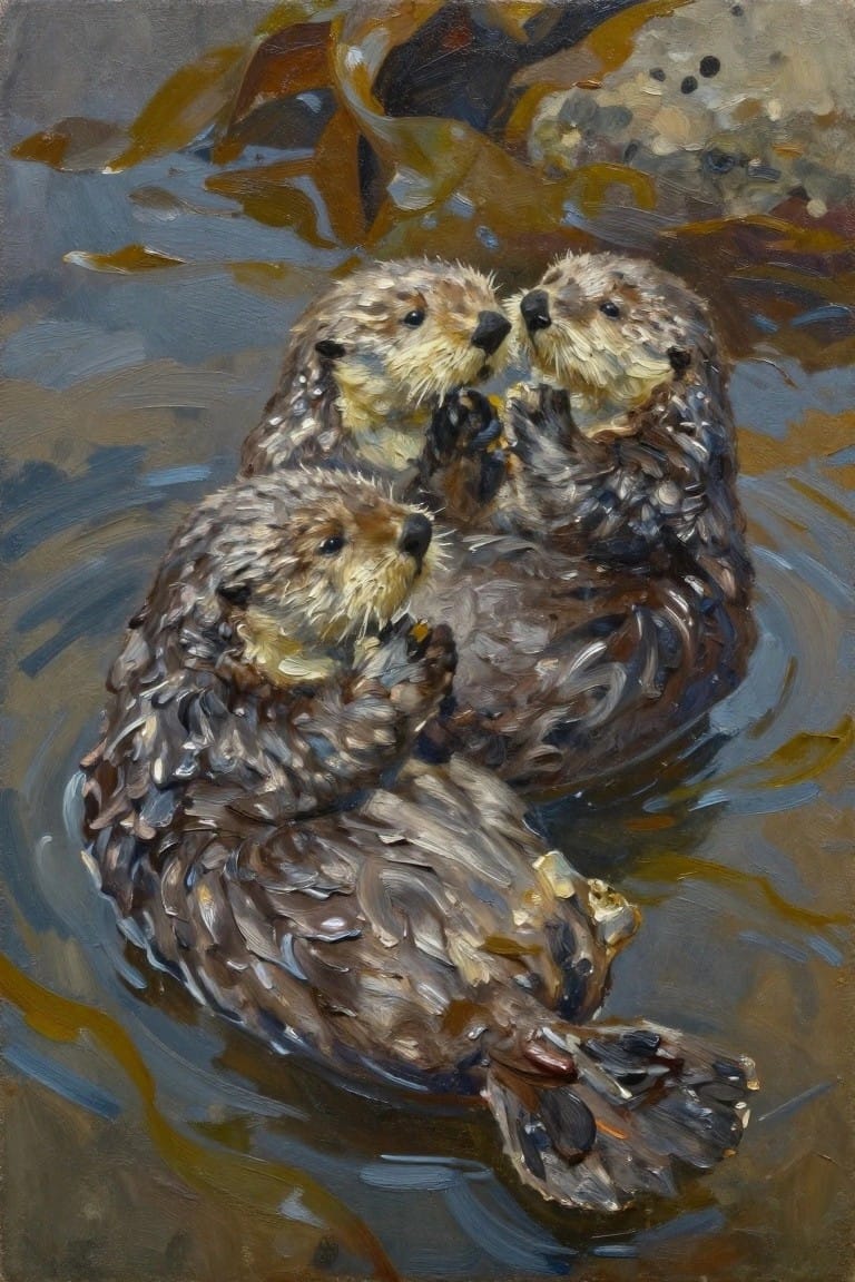 Oil painting of three sea otters cuddling in blue-green water surrounded by brown kelp and rocks.