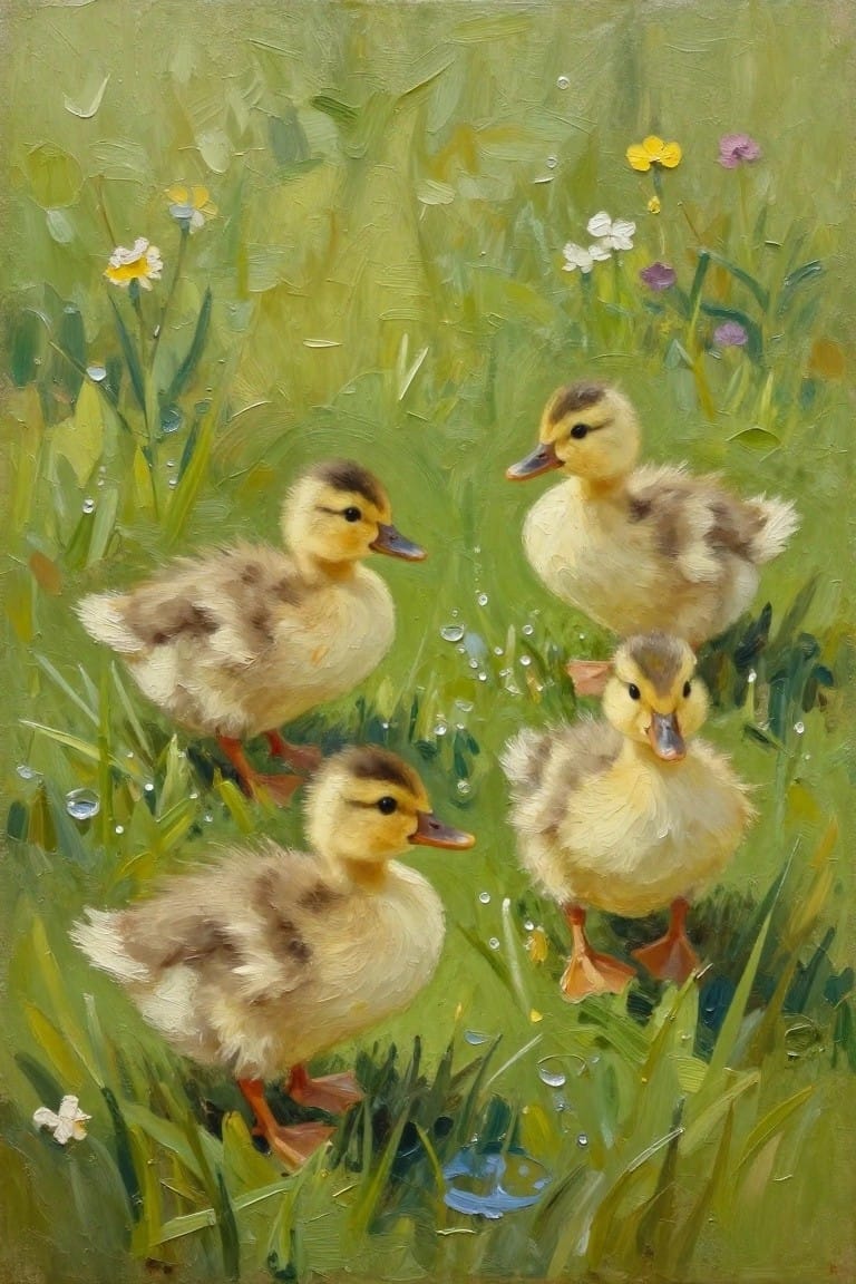 Oil painting of four yellow ducklings standing close in green grass with small flowers and dew drops.