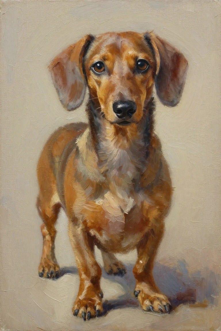 Oil painting of a smooth-haired brown dachshund standing frontally on a beige background.