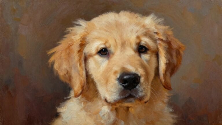 20 Charming Animal Oil Painting Ideas Full of Personality Oil painting of a fluffy golden retriever puppy with big eyes and textured fur against a soft background.