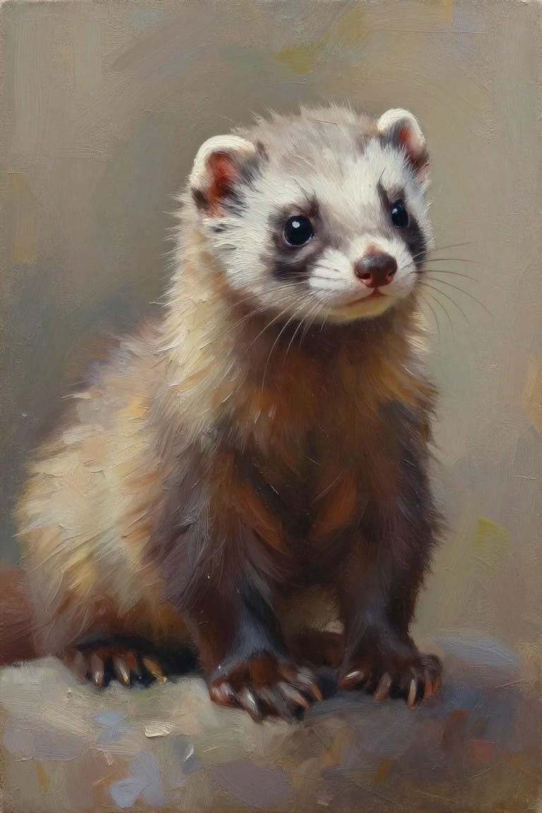 Oil painting of a fluffy brown-and-white ferret kit sitting on a textured base with paws extended and large dark eyes facing forward.