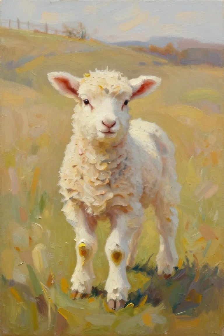 Oil painting of a fluffy white lamb standing in golden grass with blurred hills and sky in the background.