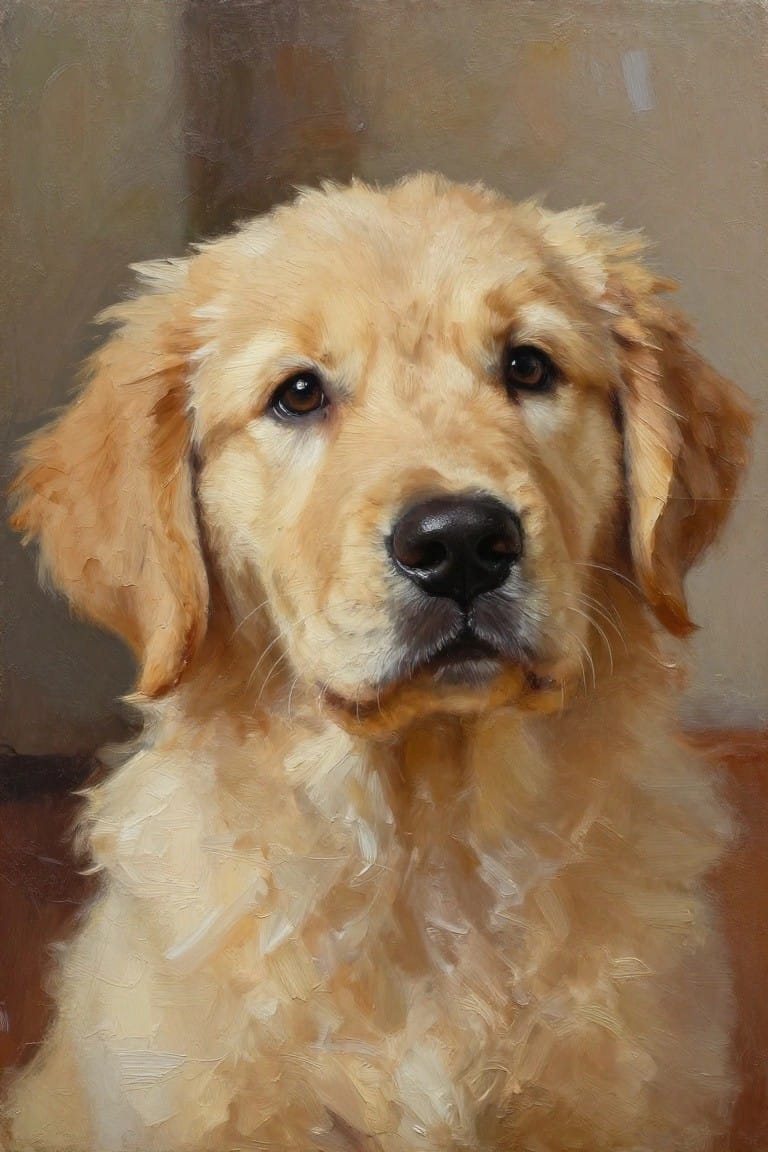 Oil painting of a fluffy golden retriever puppy with big eyes and textured fur against a soft background.