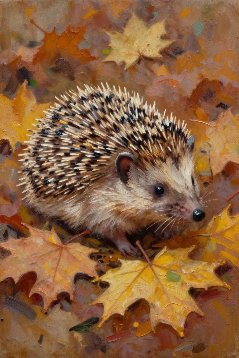 Oil painting of a hedgehog surrounded by orange and yellow autumn leaves.