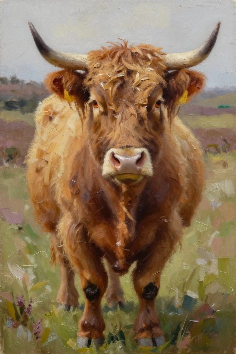 Oil painting of a shaggy reddish-brown Highland cow with long horns standing in a grassy field with purple flowers and misty hills.