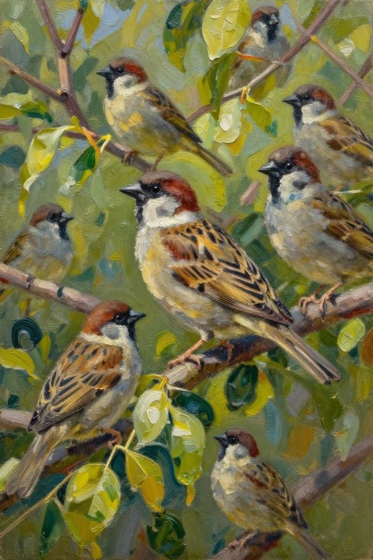 Oil painting of multiple house sparrows perched on branches amid green leaves with textured brushwork.