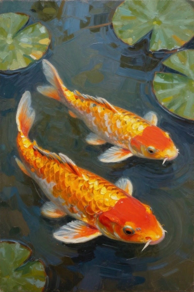 Oil painting of two orange koi fish swimming among green lily pads in dark blue-green pond water.