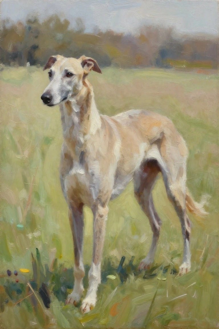 Oil painting of a fawn greyhound standing alert in a field of tall green-yellow grasses under a cloudy sky with blurred autumn trees behind.