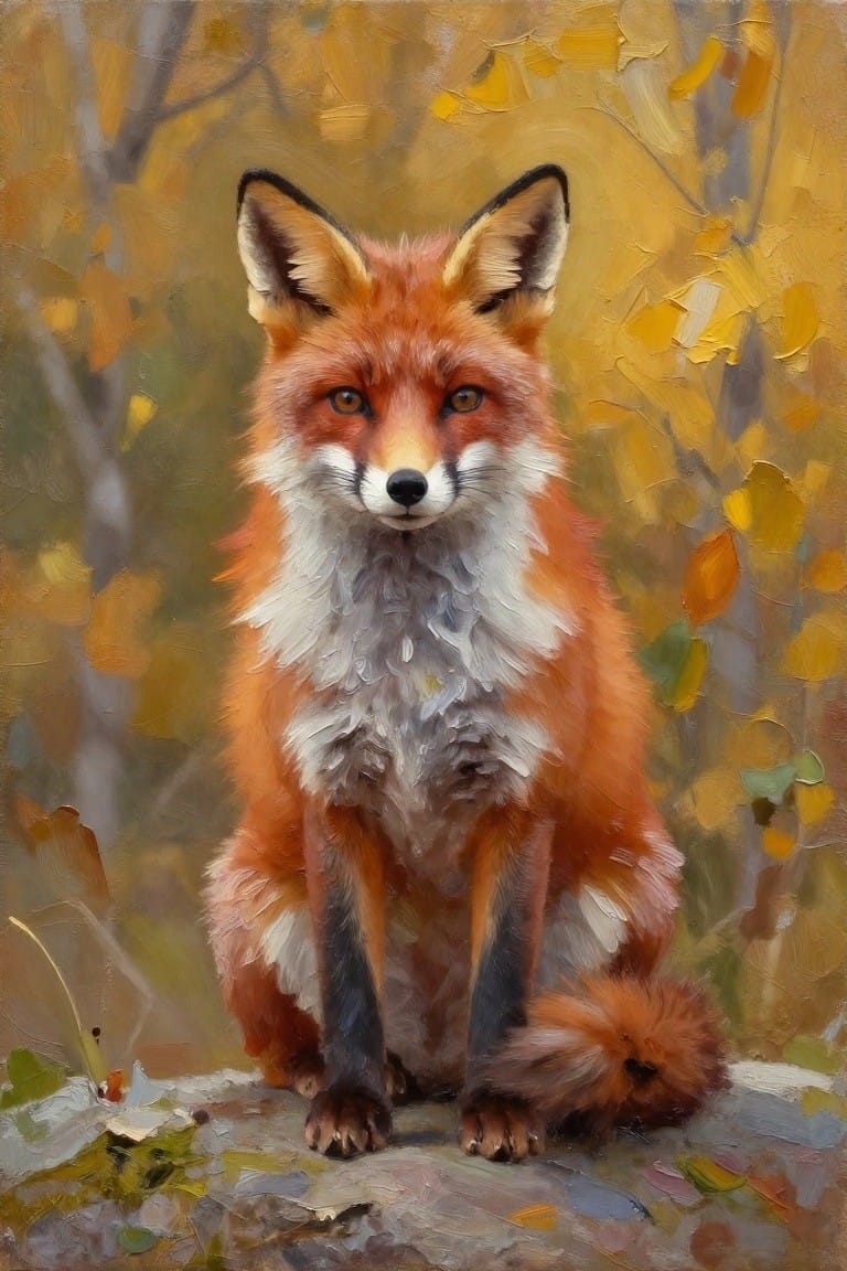 Oil painting of a fluffy red fox sitting on a rock amid blurred yellow autumn leaves and trees.