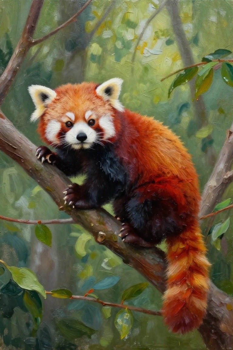 Oil painting of a red panda perched on a tree branch surrounded by green leaves in a forest.