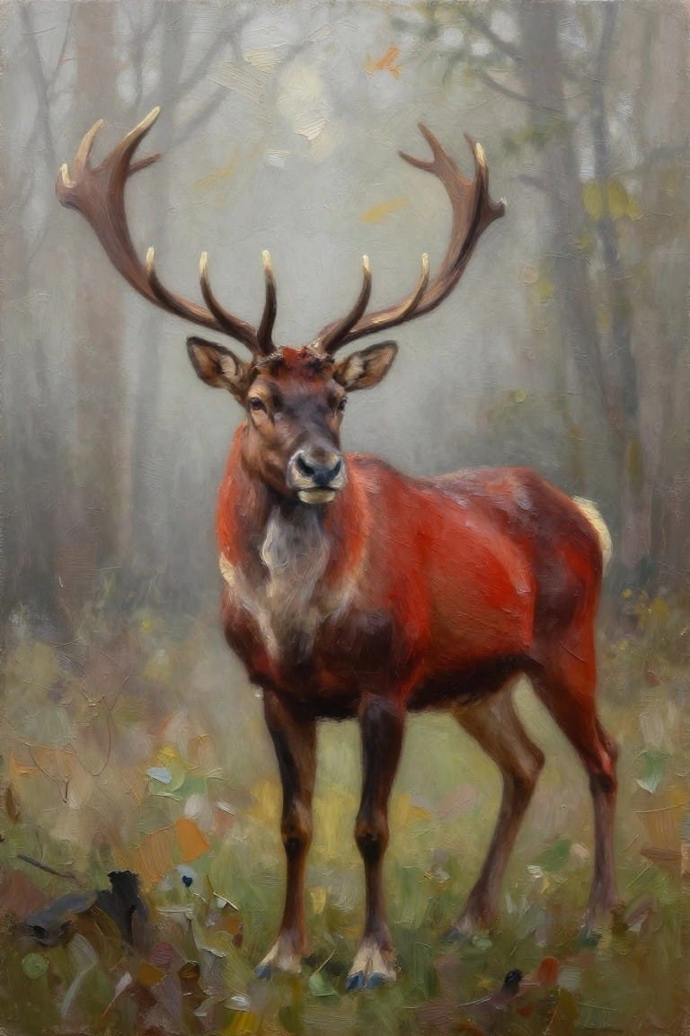 Oil painting of a red deer stag with large antlers standing alert in a misty autumn forest with blurred trees and foliage.