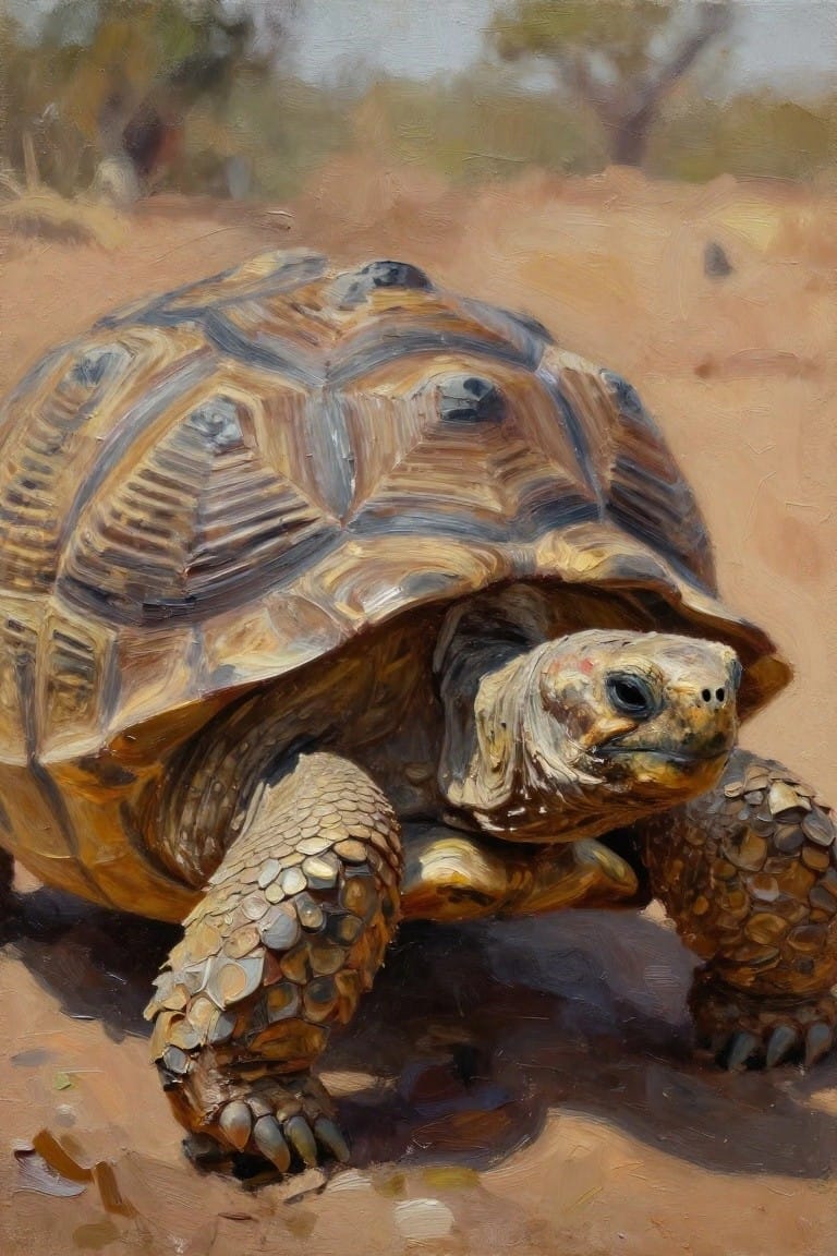 Oil painting of a large tortoise facing forward on sandy ground with blurred savanna trees and vegetation in the background.