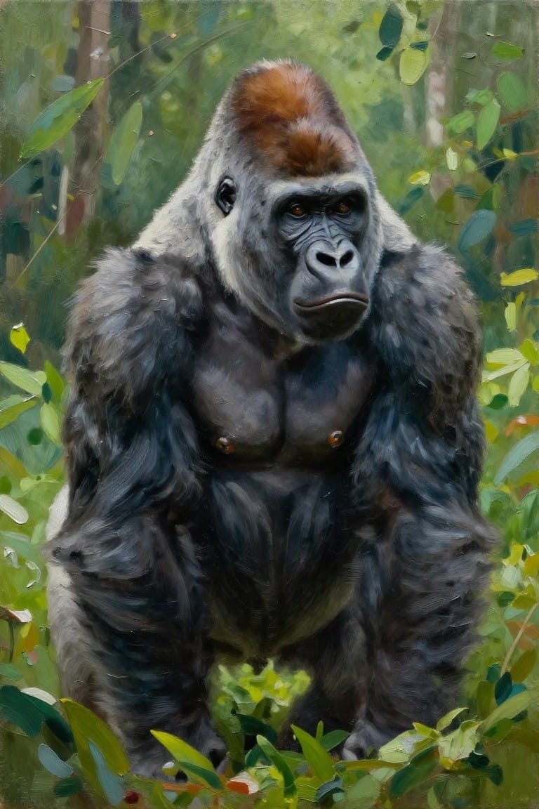 Oil painting of a silverback gorilla with reddish crest standing amid green jungle foliage.
