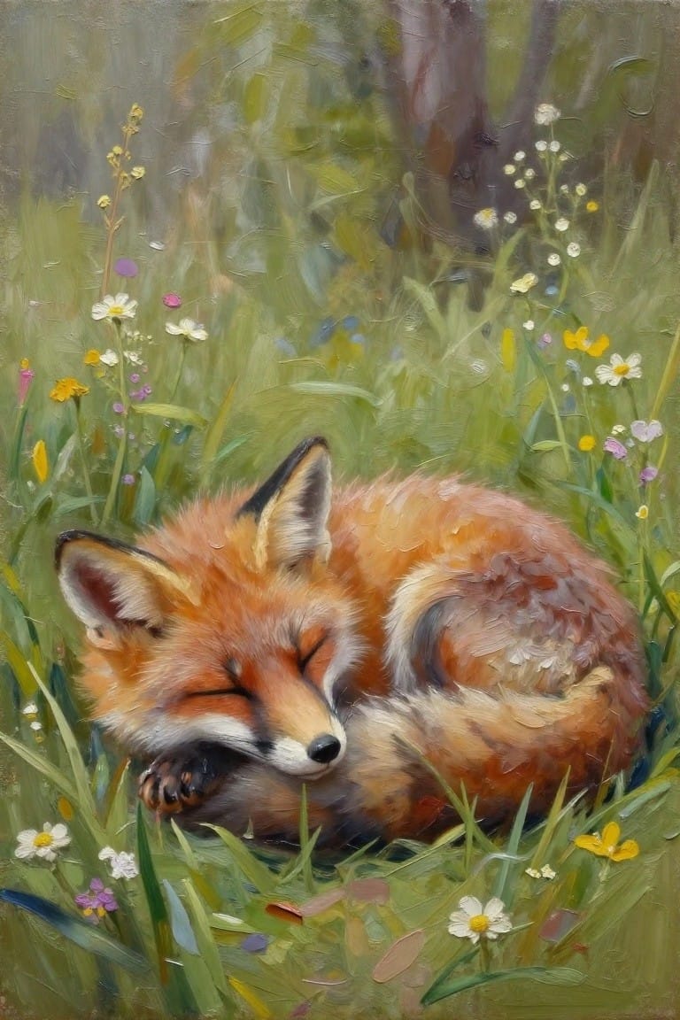 Oil painting of a red fox curled asleep in grass and wildflowers with blurred green forest background.