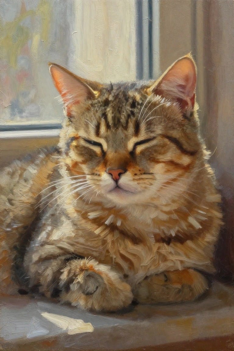 Oil painting of a tabby cat with closed eyes and relaxed pose sitting on a sunlit windowsill.