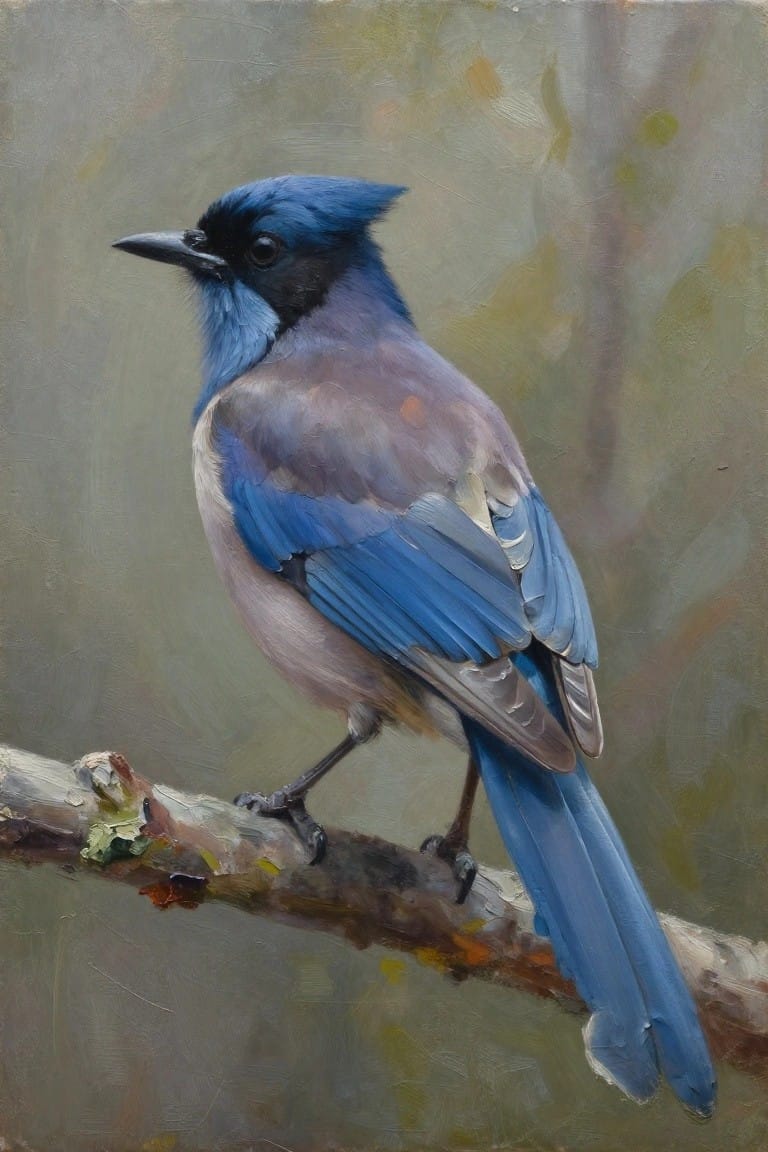 Realistic oil painting of a Steller's jay perched on a lichen-covered branch against a soft green background.