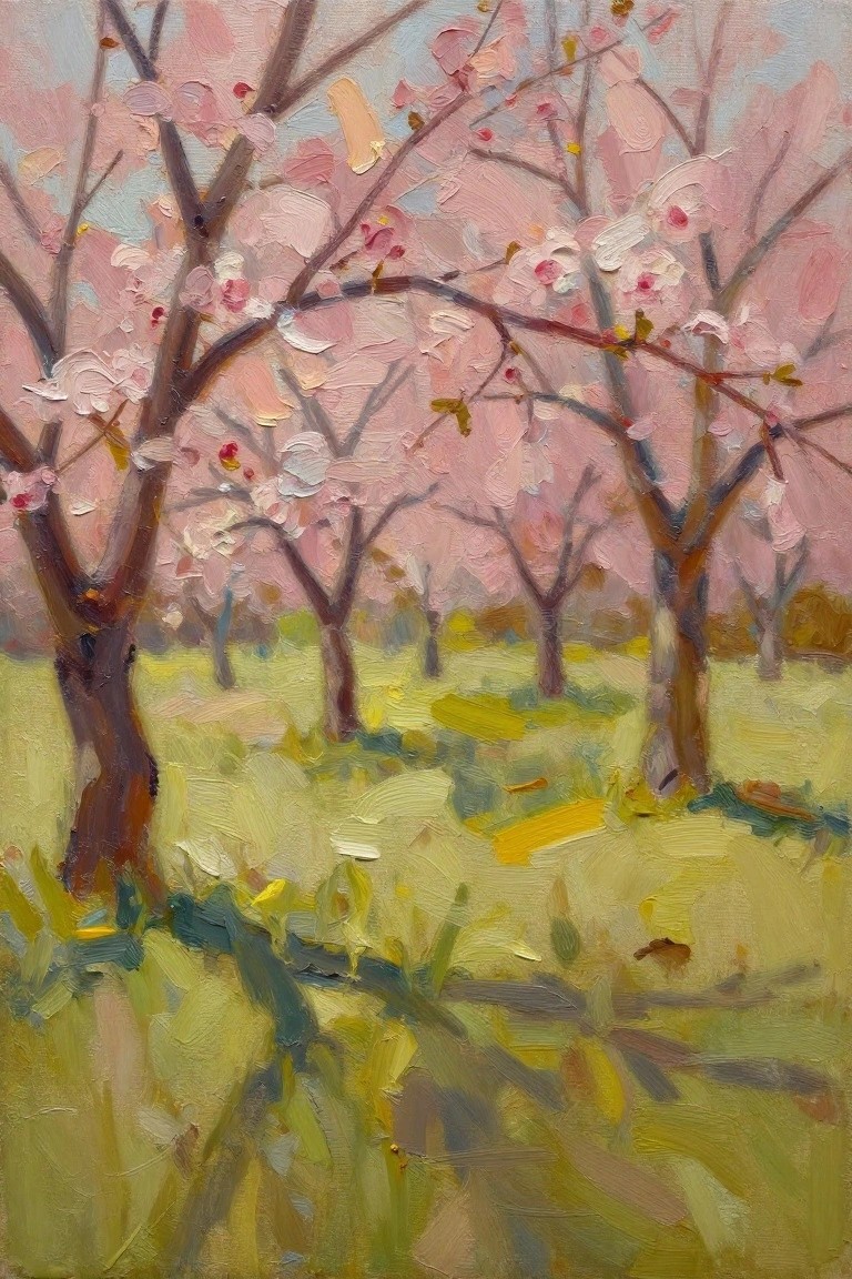 Oil painting of pink cherry blossom trees arching over a green meadow with shadows and soft blended sky.
