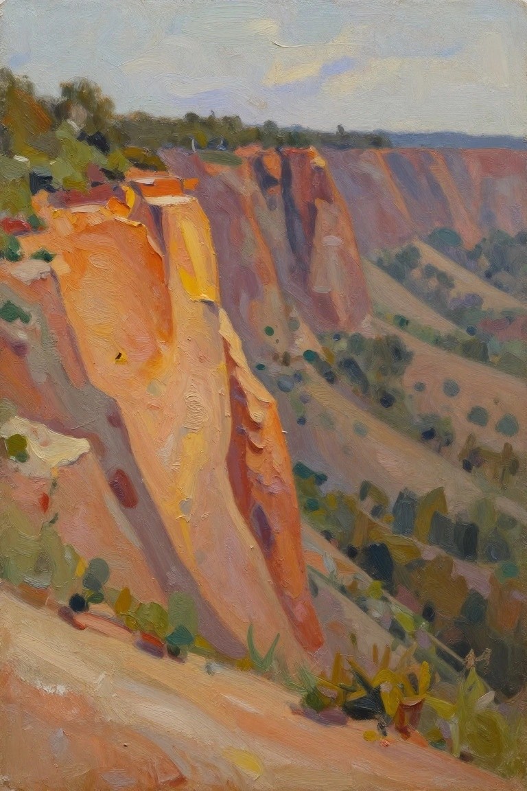 Oil painting of orange and red layered canyon cliffs with green vegetation and a cloudy sky.