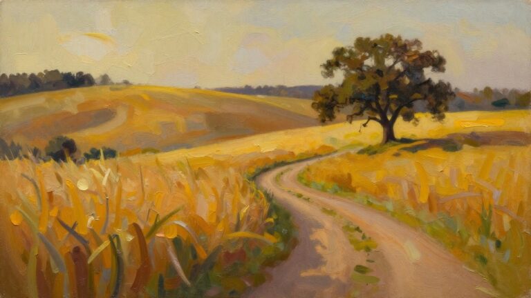 Oil painting of a large tree with autumn leaves beside a curving dirt road through golden fields and distant hills under a pale sky.