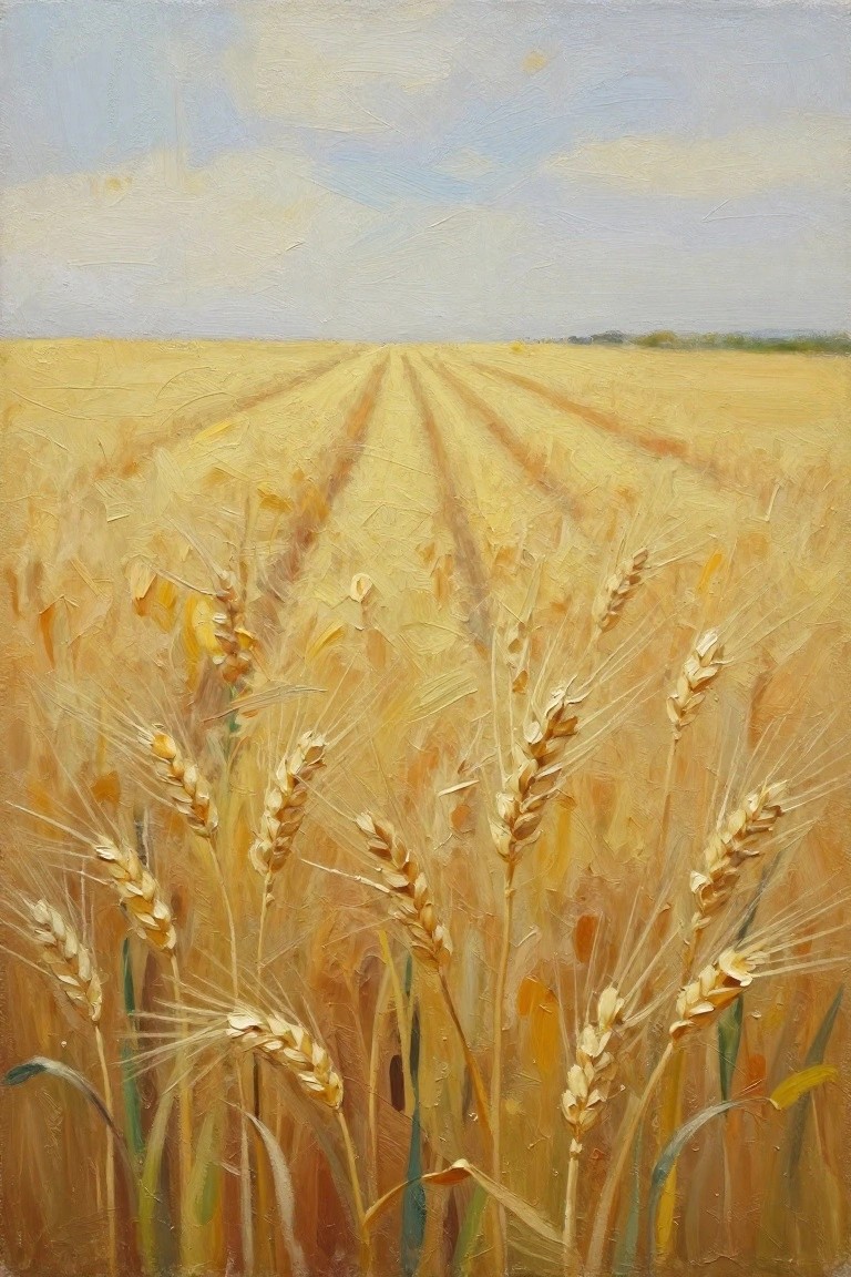 Oil painting of golden wheat field rows extending to horizon with detailed foreground stalks under cloudy pale sky.