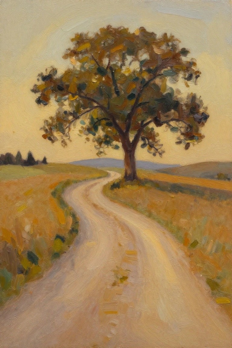 Oil painting of a large tree with autumn leaves beside a curving dirt road through golden fields and distant hills under a pale sky.