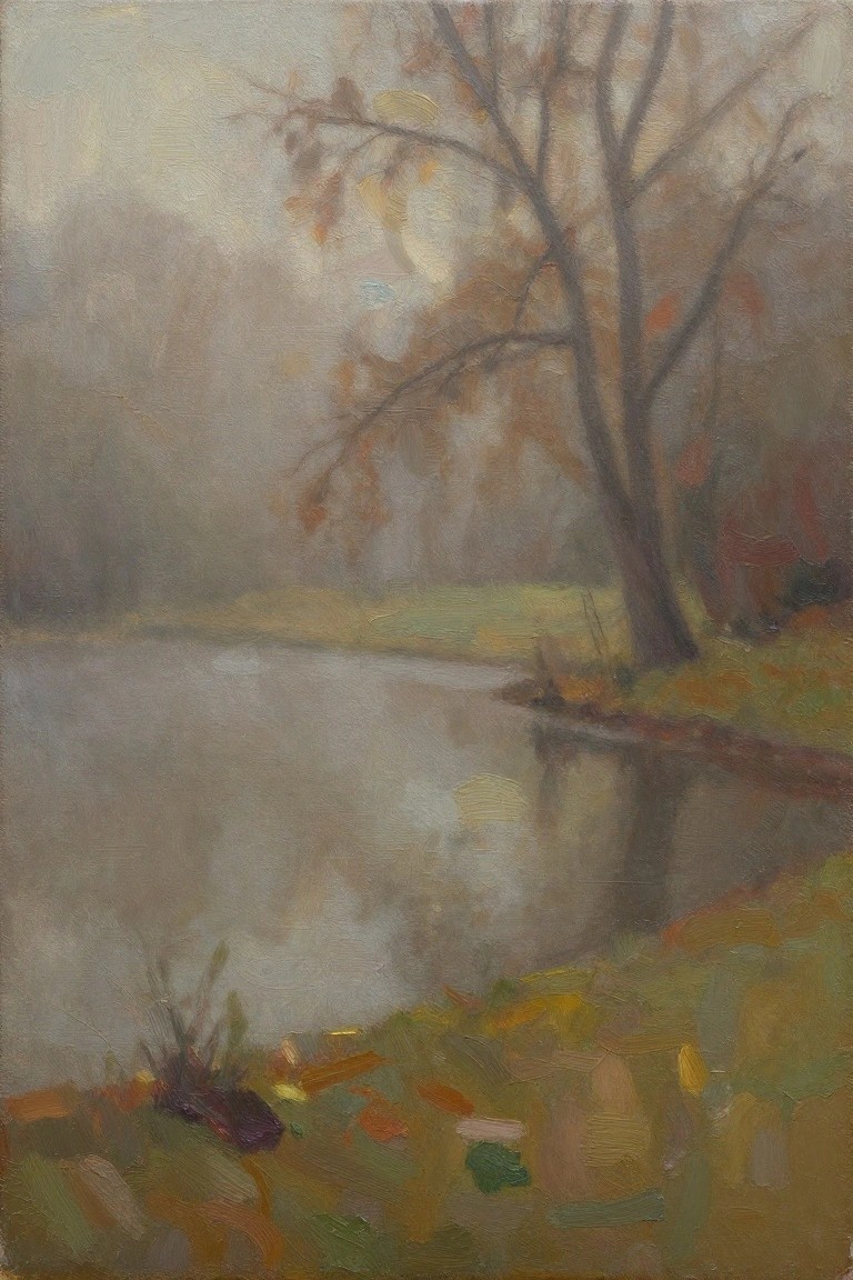 Oil painting of a misty lakeside with a tall tree bearing orange autumn leaves, reflective gray water, green shore grasses, and distant foggy trees.