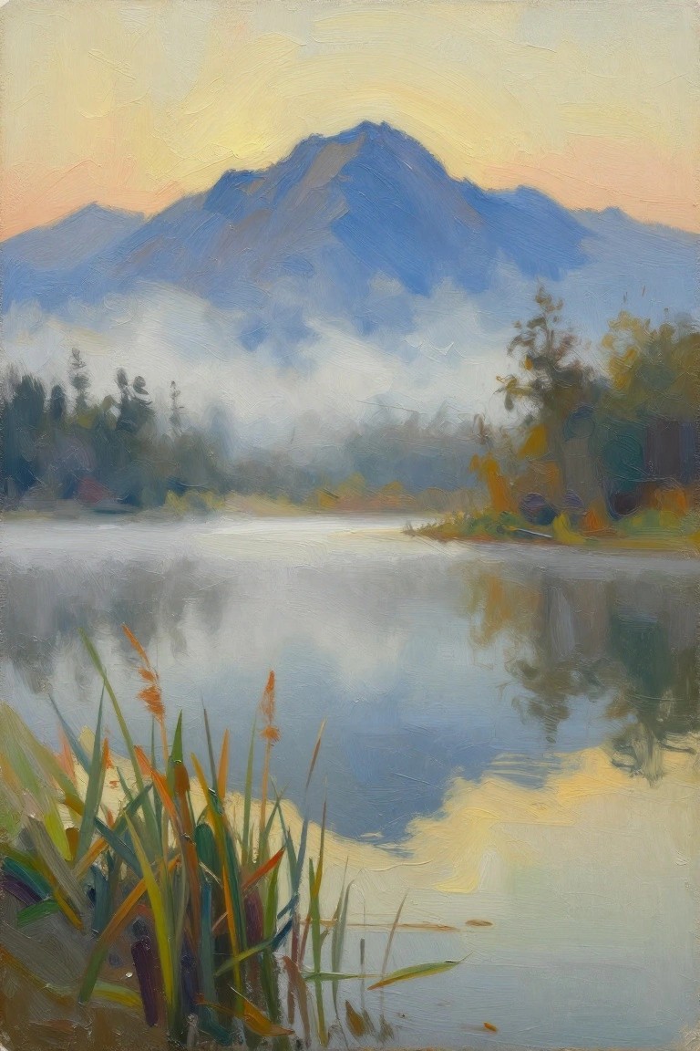 Oil painting depicting a blue mountain partially veiled in mist above a reflective lake, with reeds in the foreground and warm orange sky at dawn.