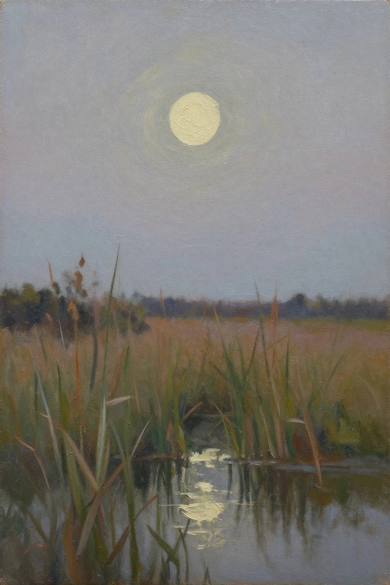 Oil painting of a glowing full moon in a twilight sky reflected in shallow water surrounded by tall reeds and distant bushes.