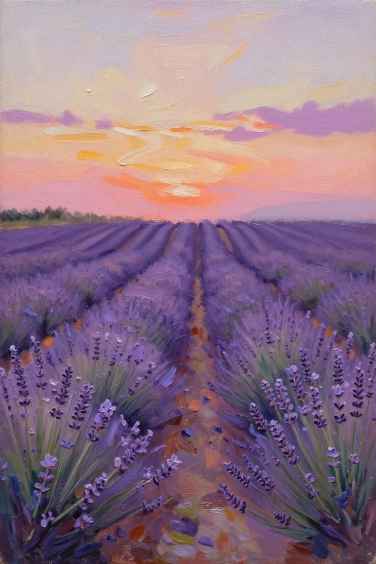 Oil painting depicting rows of purple lavender fields with a central path under a vibrant orange-pink sunset sky and distant hills.