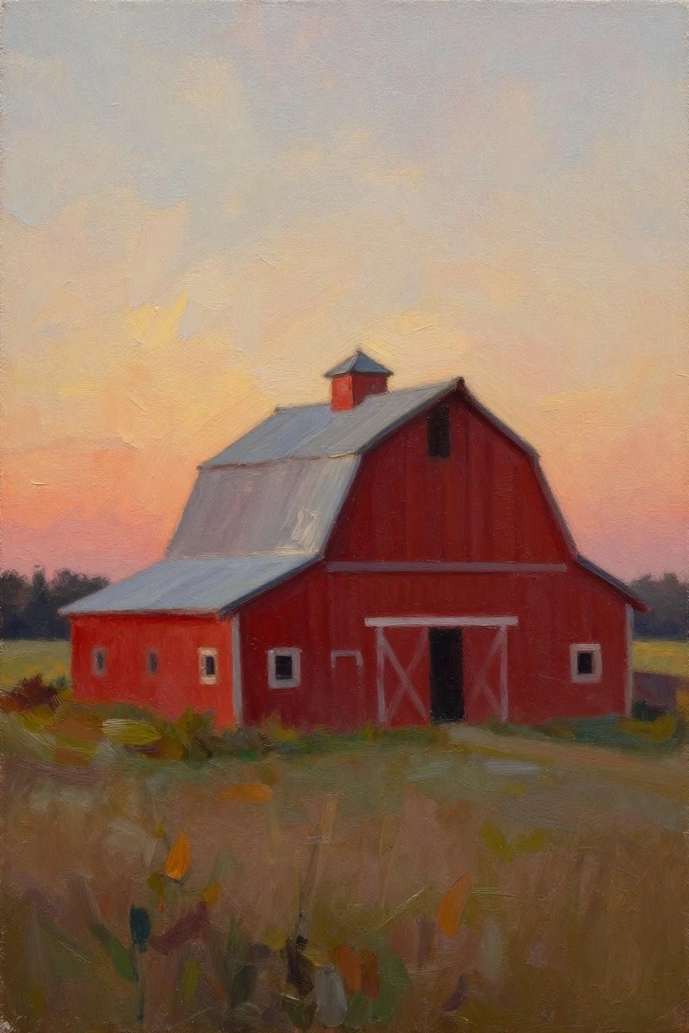 Oil painting of a red barn with metal roof in a grassy field against a pink and orange sunset sky.