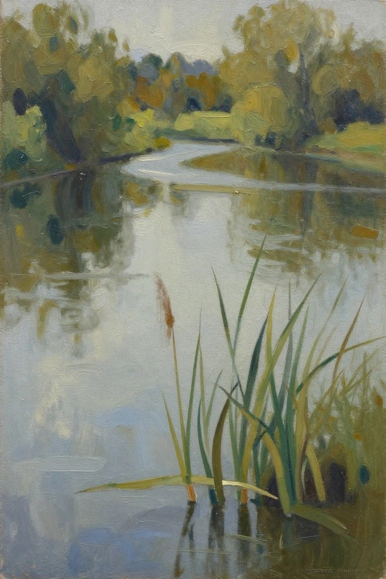 Oil painting showing green reeds with seed heads in the foreground beside a calm reflective pond, distant trees with yellow foliage, and soft blended greens and blues.