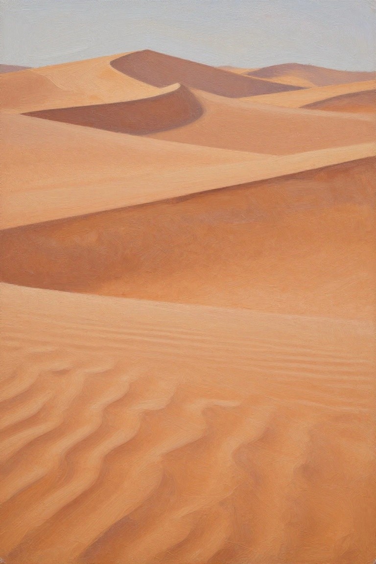 Oil painting of smooth, curved sand dunes in beige and orange tones under a pale sky.