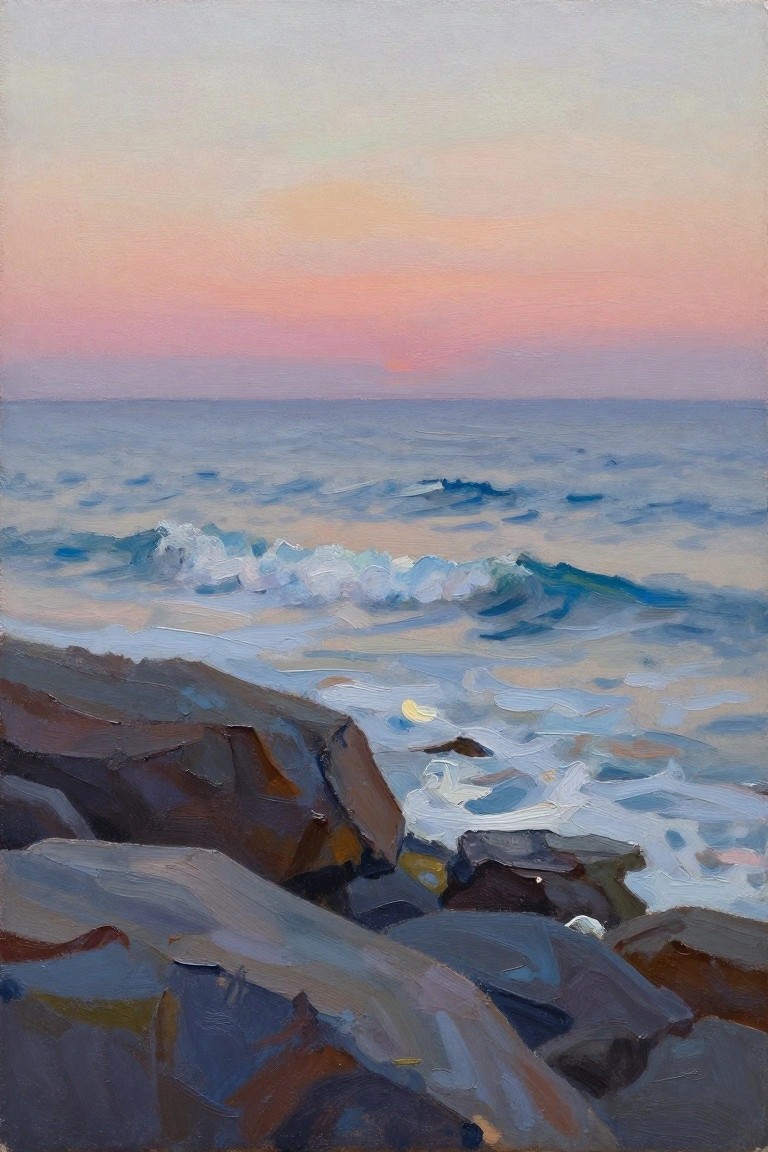 Oil painting depicting waves breaking on dark rocks along a shoreline under a gradient pink-orange-purple sunset sky over the ocean.