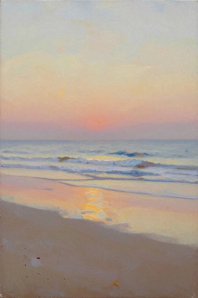 Oil painting of a beach at sunset showing a pink-orange sky, gentle ocean waves, wet sand with golden reflections, and a sandy foreground.