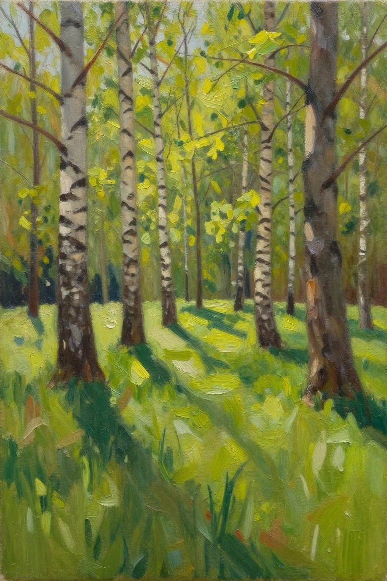 Oil painting of a grove of birch trees with white bark and green leaves, sunlight casting shadows on green grass below.