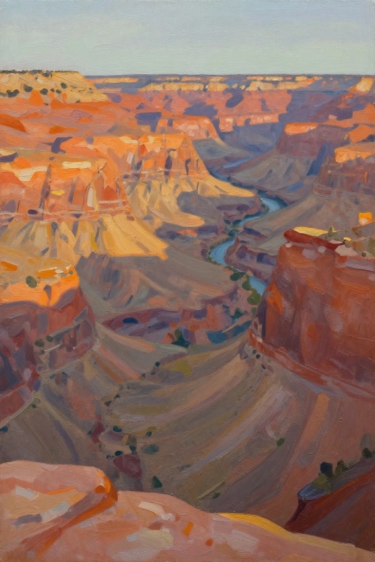 Oil painting of Grand Canyon rock layers in oranges and reds with a winding blue river below under a pale sky.