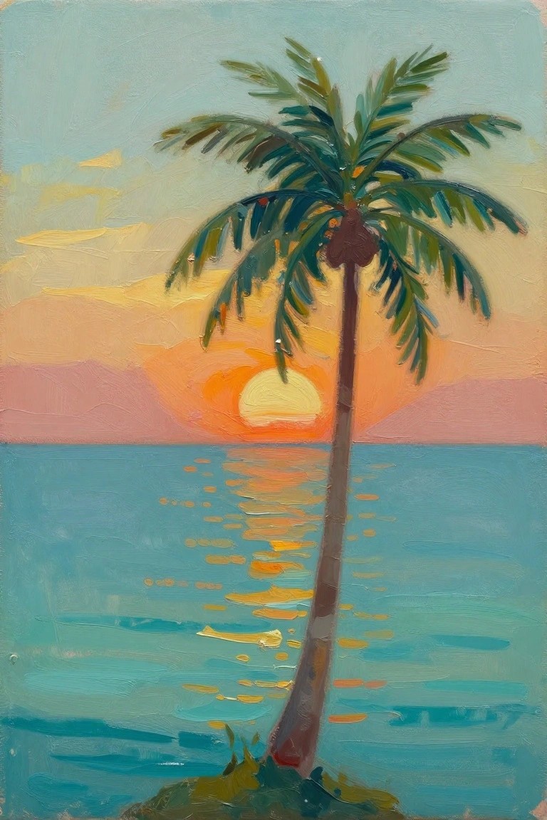 Oil painting of a single palm tree on a beach islet silhouetted against a sunset over turquoise ocean waters with golden reflections.