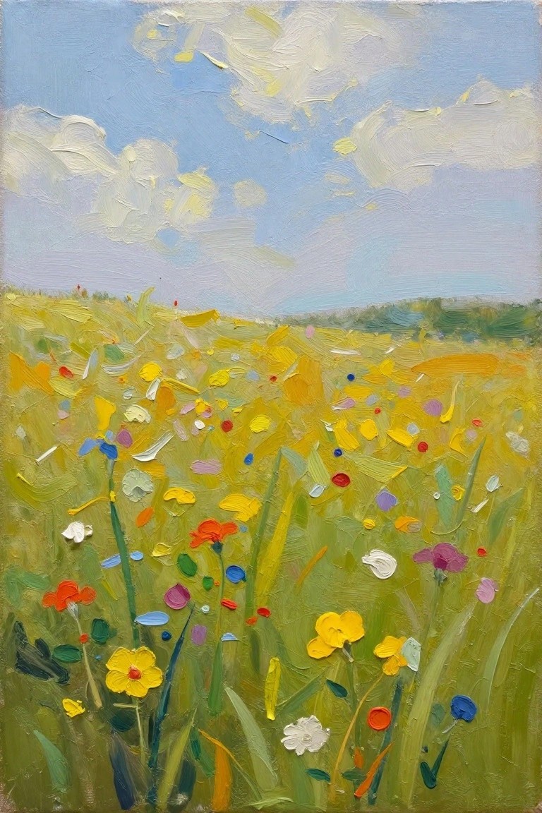 Oil painting of a dense wildflower meadow in yellows, reds, blues, and purples on green grasses under a blue sky with fluffy clouds.