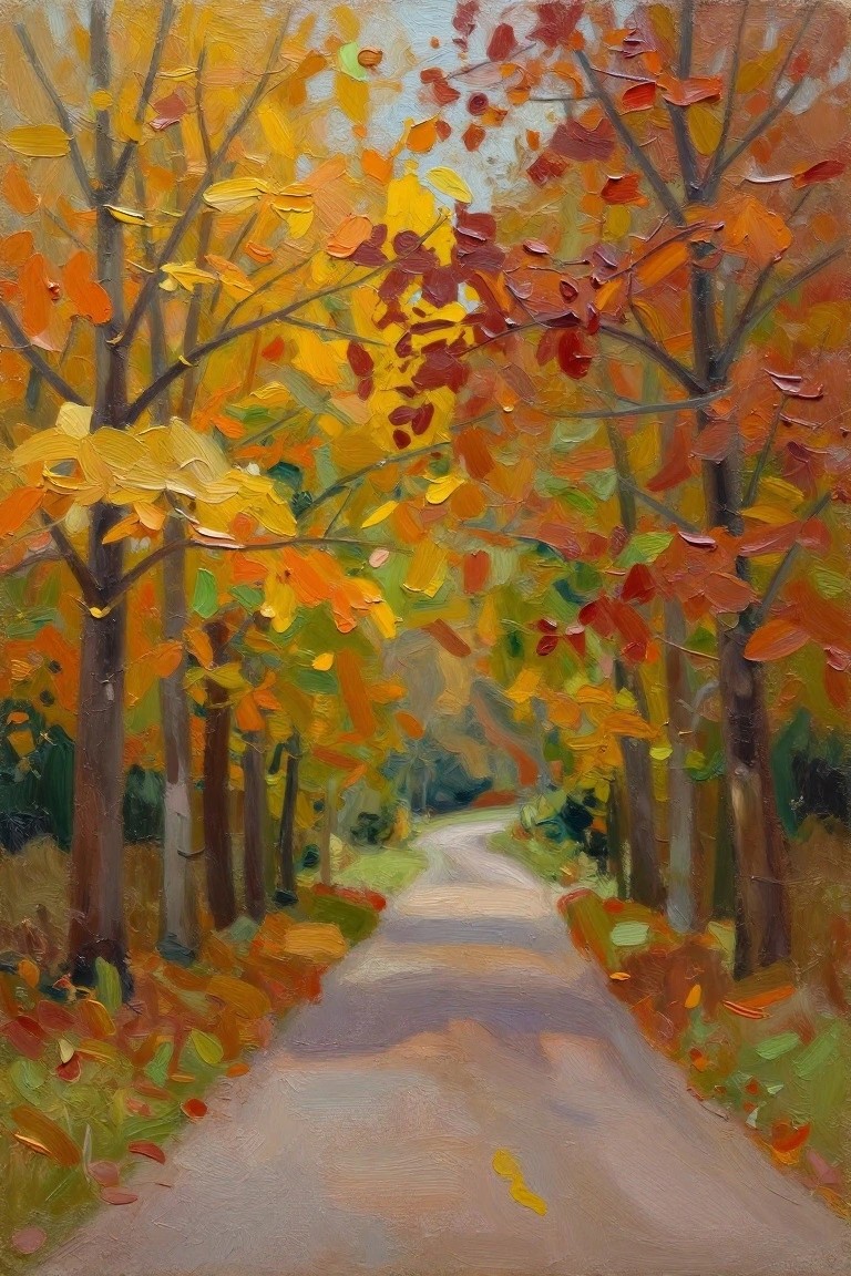 Oil painting of a curved path lined by tall trees with orange, yellow, and red autumn leaves.