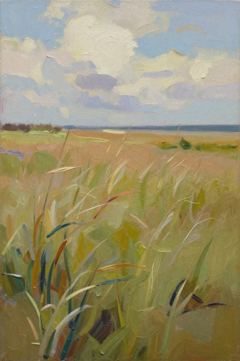 Oil painting of tall waving grasses in a coastal marsh with distant sea horizon and partly cloudy sky.