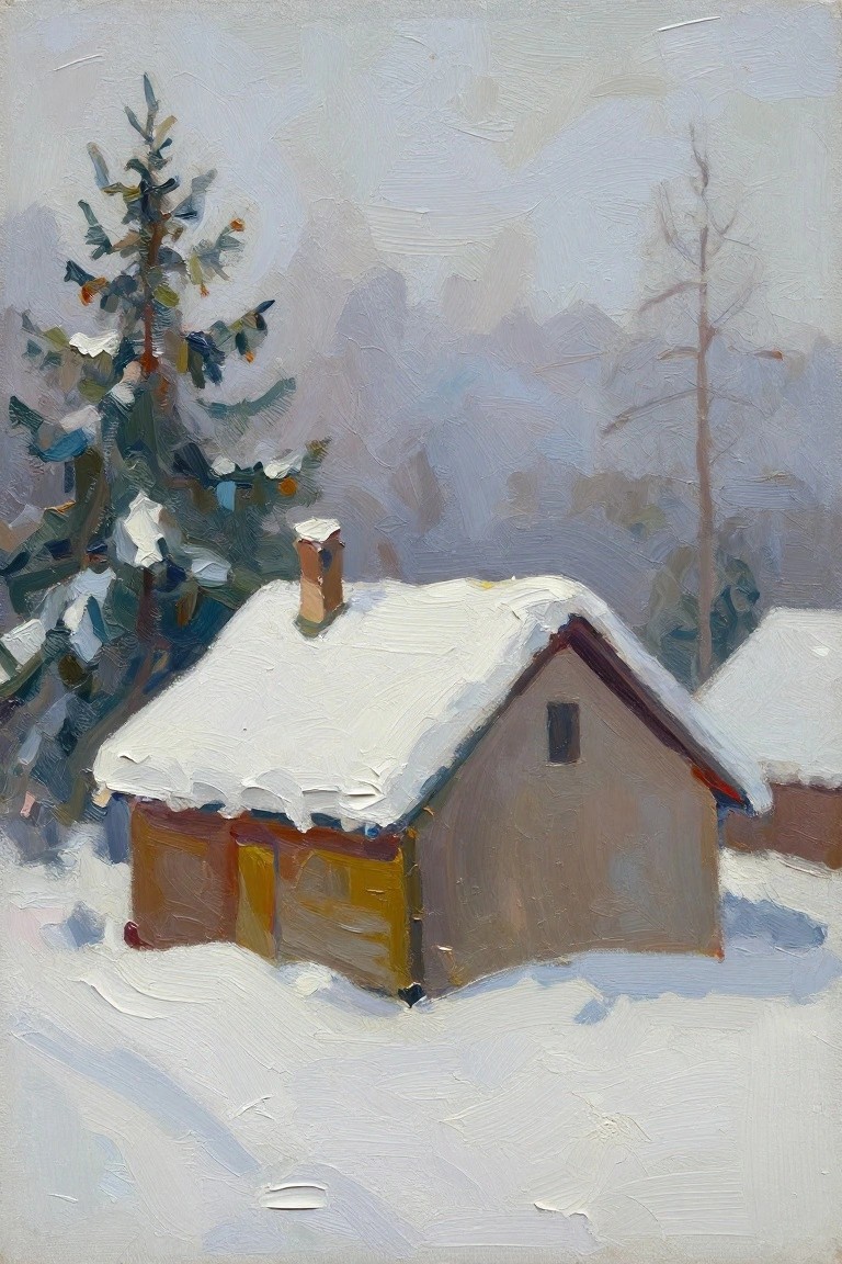 Oil painting of a snow-covered wooden cabin next to a snowy evergreen tree in a misty winter landscape with distant trees and soft gray sky.