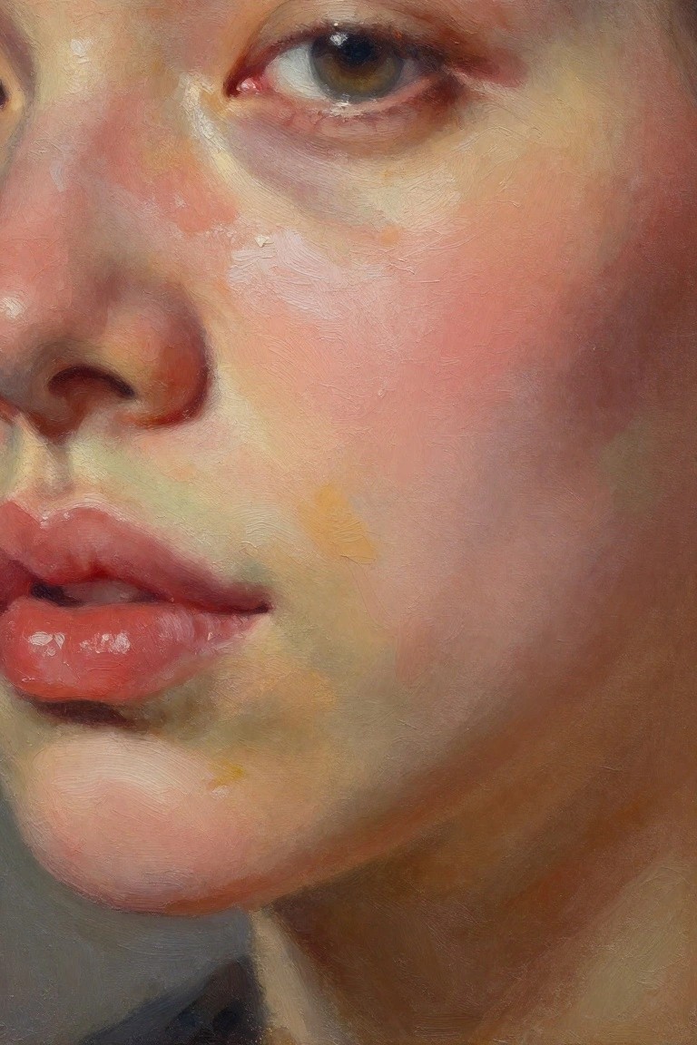 Close-up oil painting of a young woman's lower face with teary green eye, detailed nose, glossy red lips, and blended pinkish skin tones.