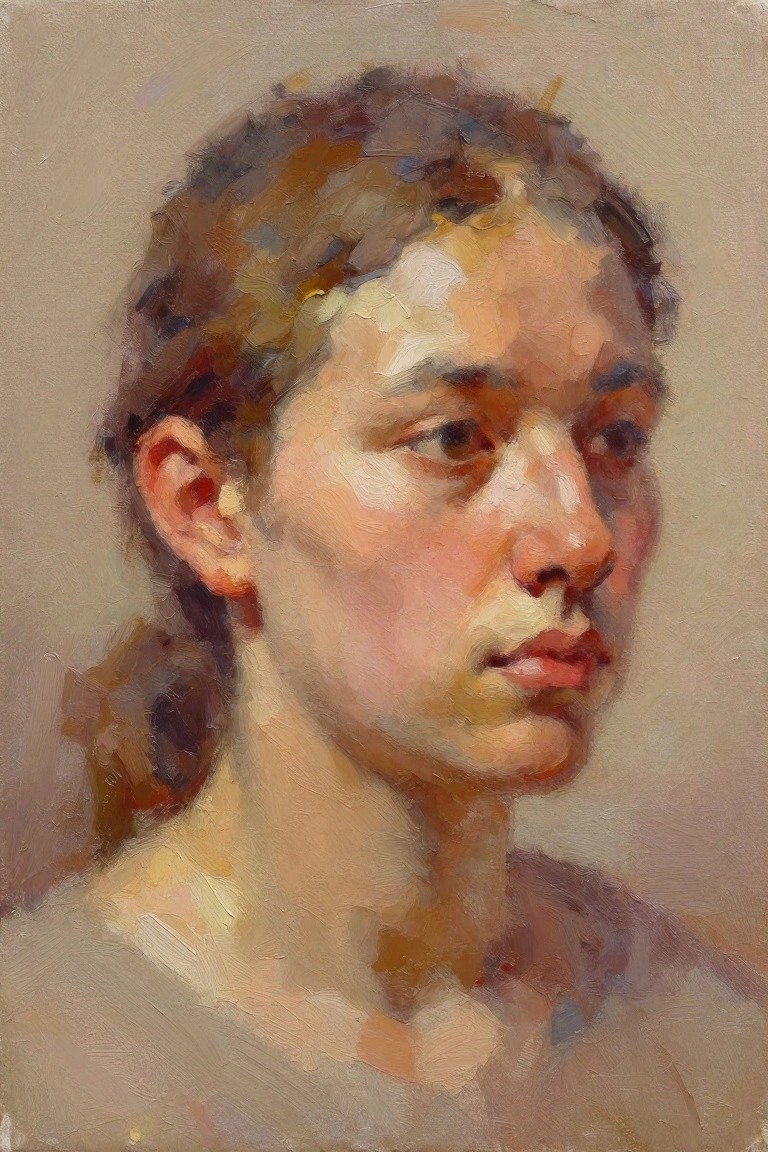 Oil portrait of a young woman in three-quarter profile with brown ponytail, soft facial features, and blended skin tones on neutral ground.