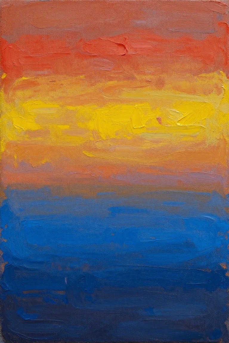 Oil painting of stacked horizontal color bands transitioning from reddish-brown at top to blue at bottom with textured brushwork.