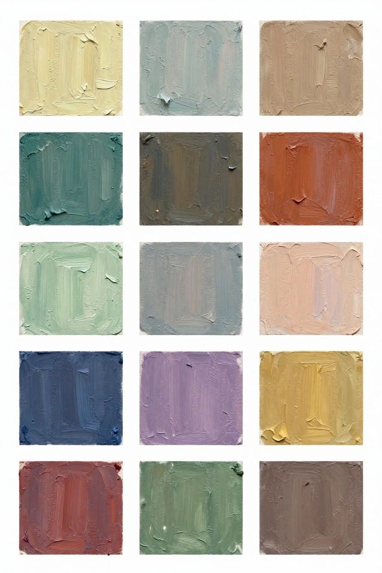 A 4-by-5 grid of small square oil paint swatches in muted neutral colors like desaturated yellows, greens, blues, purples, and earth tones.