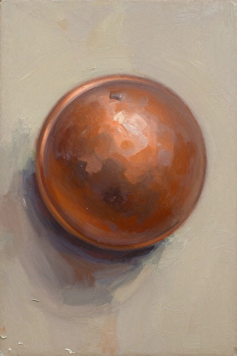 Oil painting of a shiny copper dome on a beige background with soft shadows and highlights.
