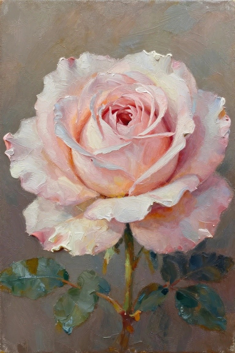 Oil painting of a close-up pale pink rose on a stem with green leaves against a muted gray background.