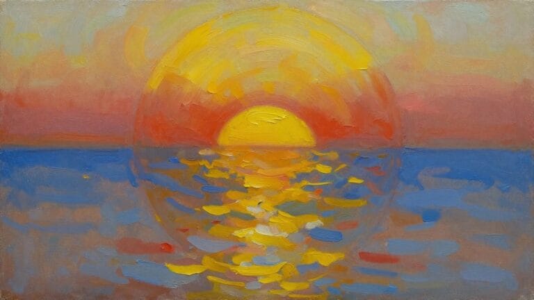 20 Practical Oil Painting Color Mixing Tips For Beginners Oil painting of stacked horizontal color bands transitioning from reddish-brown at top to blue at bottom with textured brushwork.